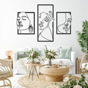 Modern black line face art set of 3